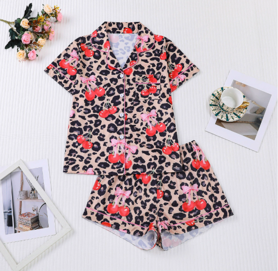 Hot Sell Nightwear Bathrobe Designer Headbands Silk Shorts Sets Pajama Women's Sleepwear Green Print Short Satin PJ Set